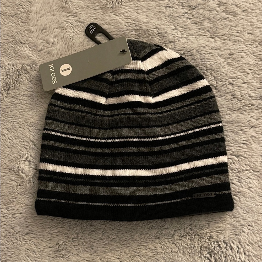 Igloos Black, White, and Gray Striped Beanie